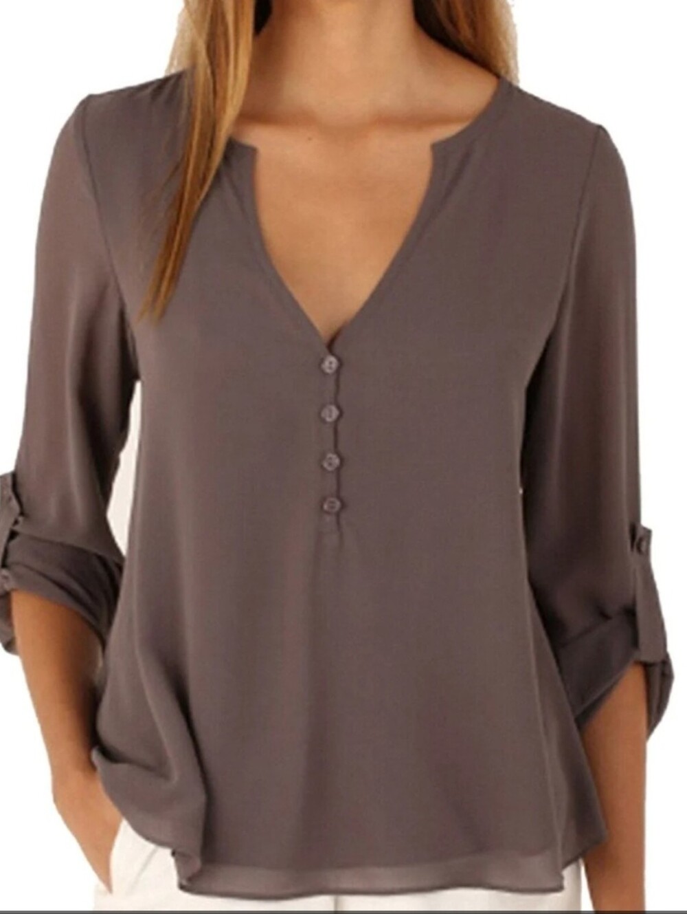 Womens Partysu Taupe V-Neck Button Front Blouse Size XXXXL